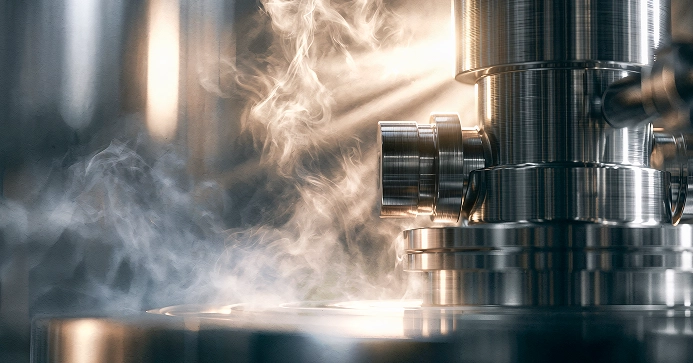Steam rising from polished stainless-steel ZEEN TECH equipment